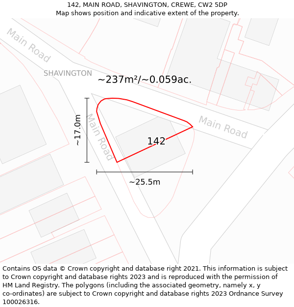 142, MAIN ROAD, SHAVINGTON, CREWE, CW2 5DP: Plot and title map