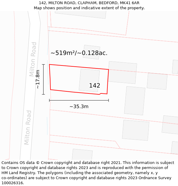 142, MILTON ROAD, CLAPHAM, BEDFORD, MK41 6AR: Plot and title map