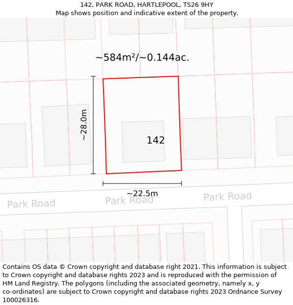 142, PARK ROAD, HARTLEPOOL, TS26 9HY: Plot and title map