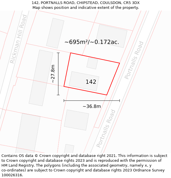 142, PORTNALLS ROAD, CHIPSTEAD, COULSDON, CR5 3DX: Plot and title map