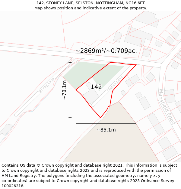 142, STONEY LANE, SELSTON, NOTTINGHAM, NG16 6ET: Plot and title map