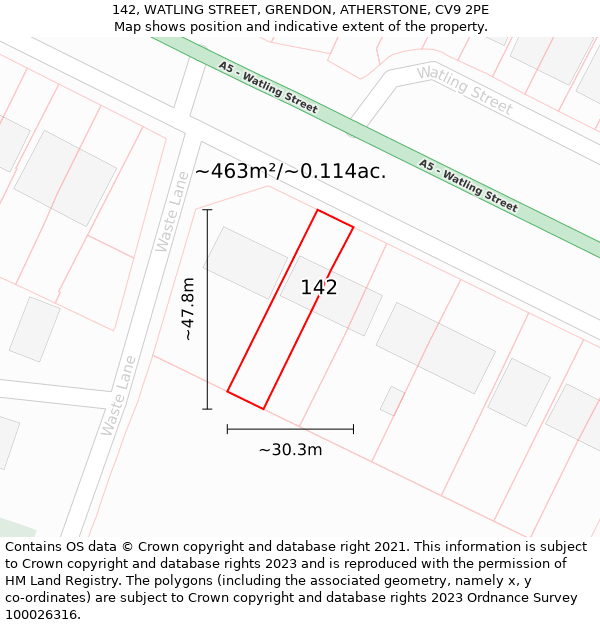 142, WATLING STREET, GRENDON, ATHERSTONE, CV9 2PE: Plot and title map