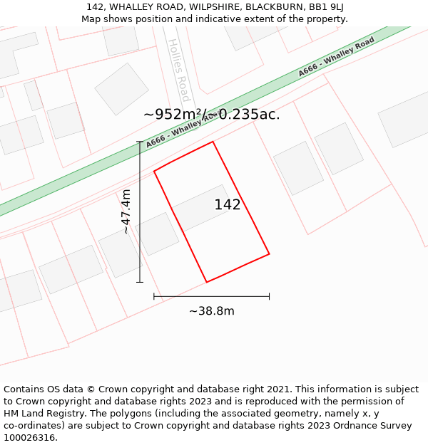 142, WHALLEY ROAD, WILPSHIRE, BLACKBURN, BB1 9LJ: Plot and title map