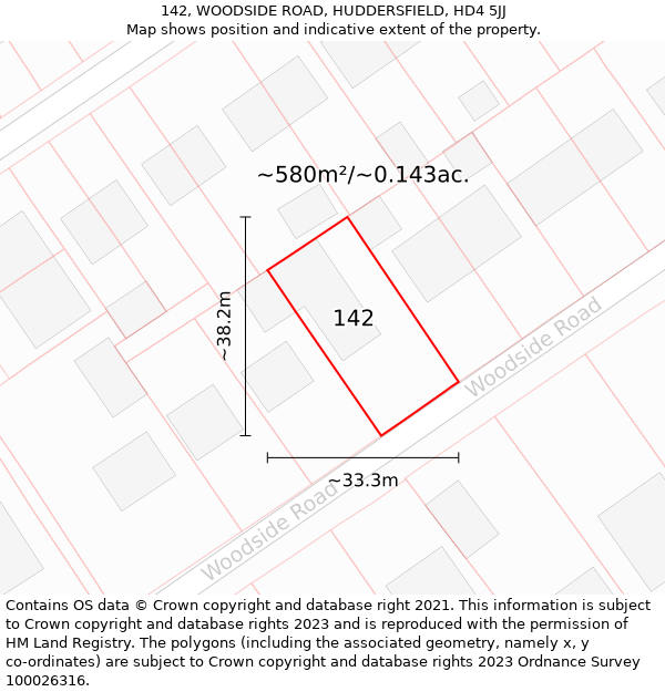 142, WOODSIDE ROAD, HUDDERSFIELD, HD4 5JJ: Plot and title map