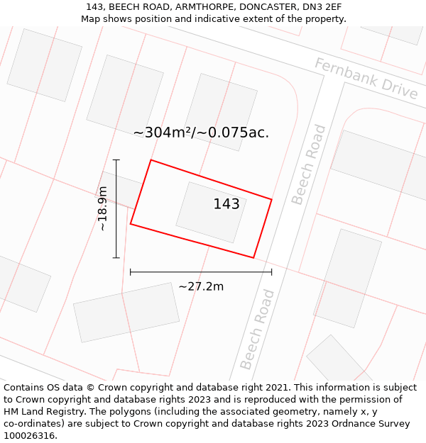 143, BEECH ROAD, ARMTHORPE, DONCASTER, DN3 2EF: Plot and title map