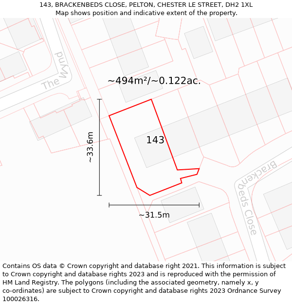 143, BRACKENBEDS CLOSE, PELTON, CHESTER LE STREET, DH2 1XL: Plot and title map