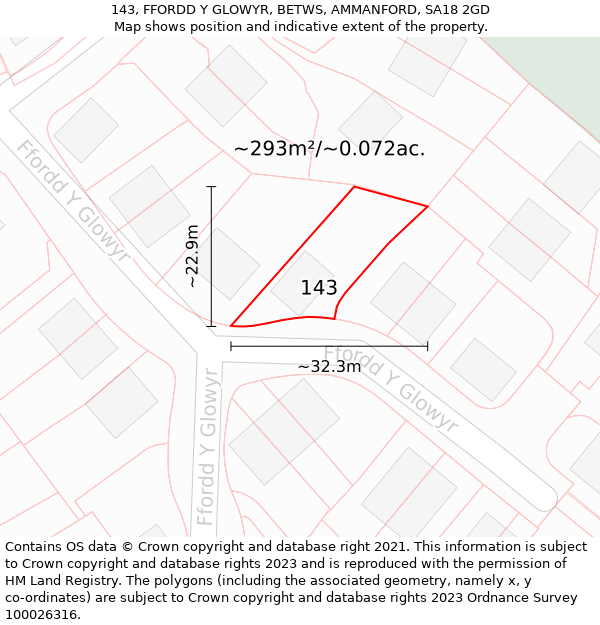 143, FFORDD Y GLOWYR, BETWS, AMMANFORD, SA18 2GD: Plot and title map