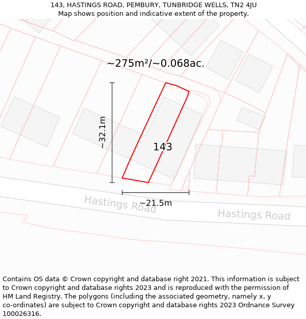 143, HASTINGS ROAD, PEMBURY, TUNBRIDGE WELLS, TN2 4JU: Plot and title map