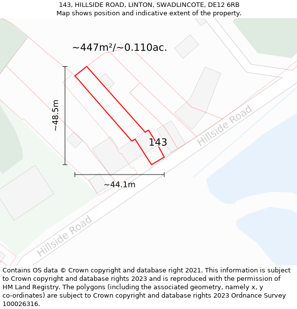 143, HILLSIDE ROAD, LINTON, SWADLINCOTE, DE12 6RB: Plot and title map