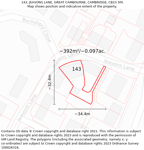 143, JEAVONS LANE, GREAT CAMBOURNE, CAMBRIDGE, CB23 5FA: Plot and title map