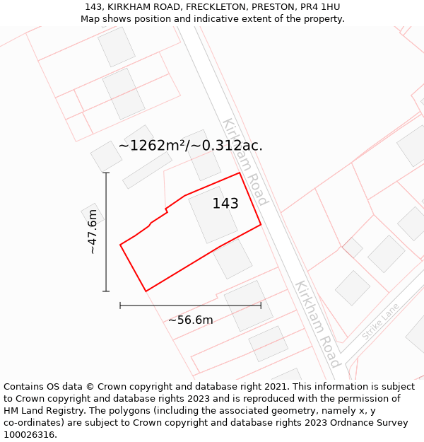 143, KIRKHAM ROAD, FRECKLETON, PRESTON, PR4 1HU: Plot and title map