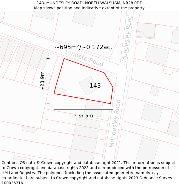 143, MUNDESLEY ROAD, NORTH WALSHAM, NR28 0DD: Plot and title map