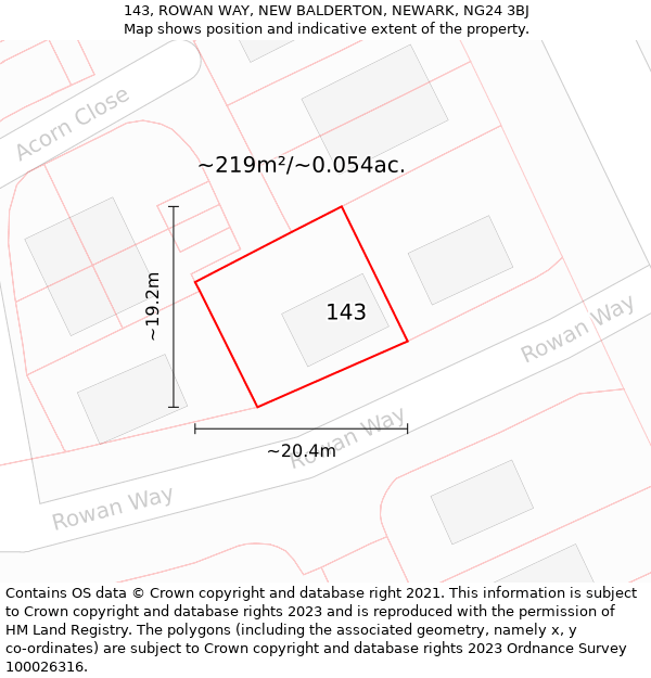 143, ROWAN WAY, NEW BALDERTON, NEWARK, NG24 3BJ: Plot and title map