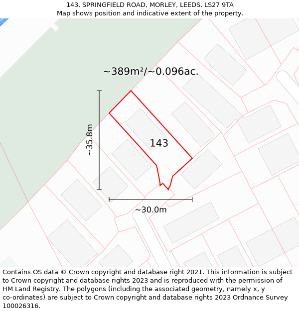 143, SPRINGFIELD ROAD, MORLEY, LEEDS, LS27 9TA: Plot and title map