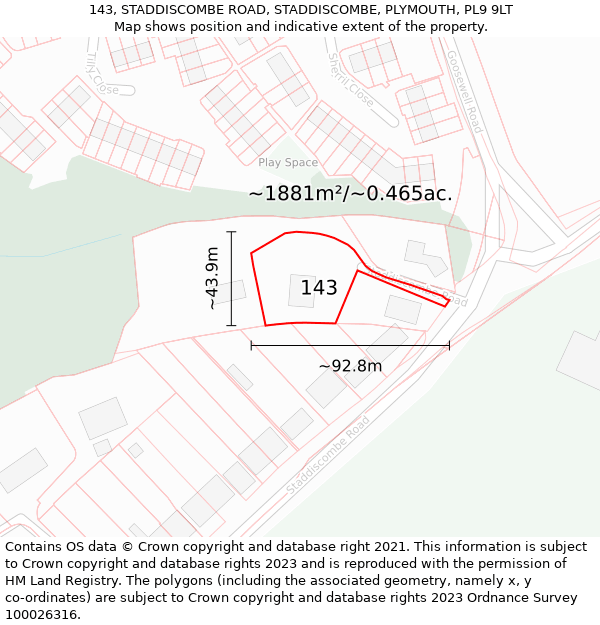 143, STADDISCOMBE ROAD, STADDISCOMBE, PLYMOUTH, PL9 9LT: Plot and title map