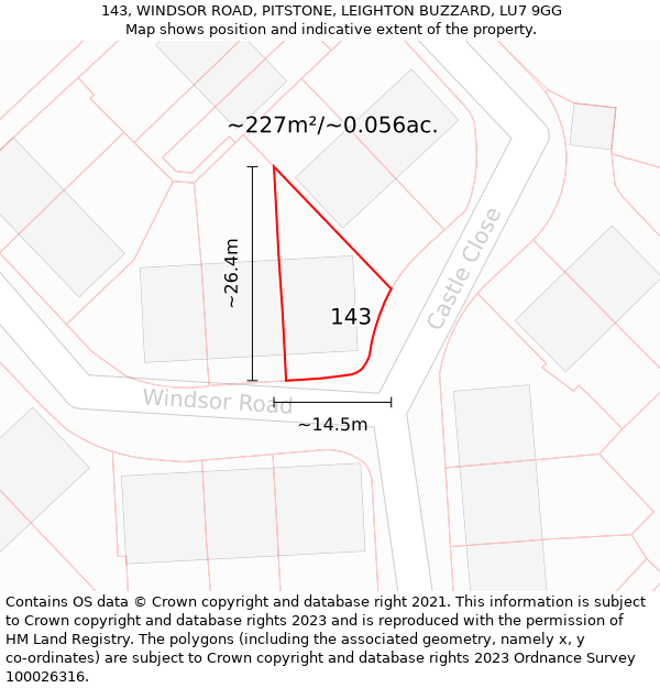 143, WINDSOR ROAD, PITSTONE, LEIGHTON BUZZARD, LU7 9GG: Plot and title map