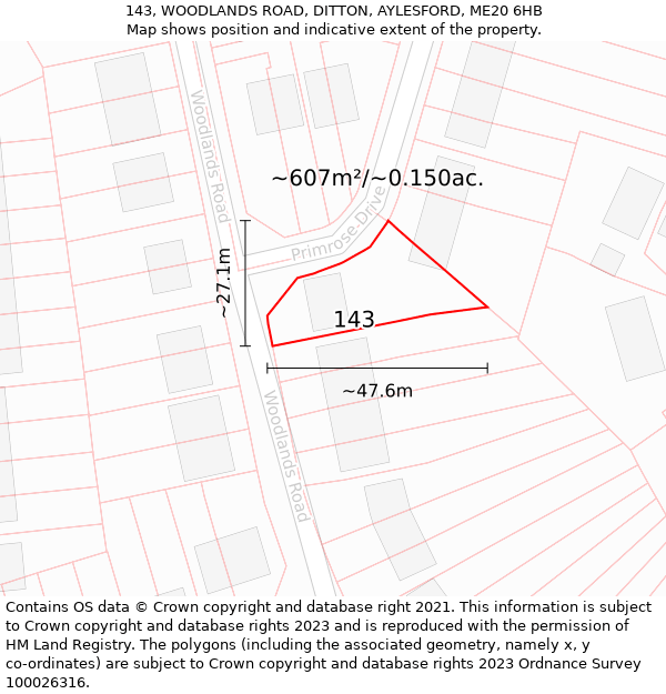 143, WOODLANDS ROAD, DITTON, AYLESFORD, ME20 6HB: Plot and title map