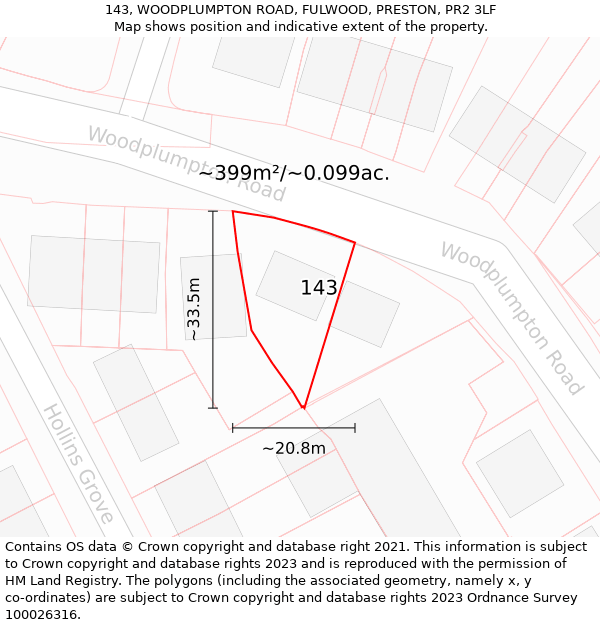 143, WOODPLUMPTON ROAD, FULWOOD, PRESTON, PR2 3LF: Plot and title map