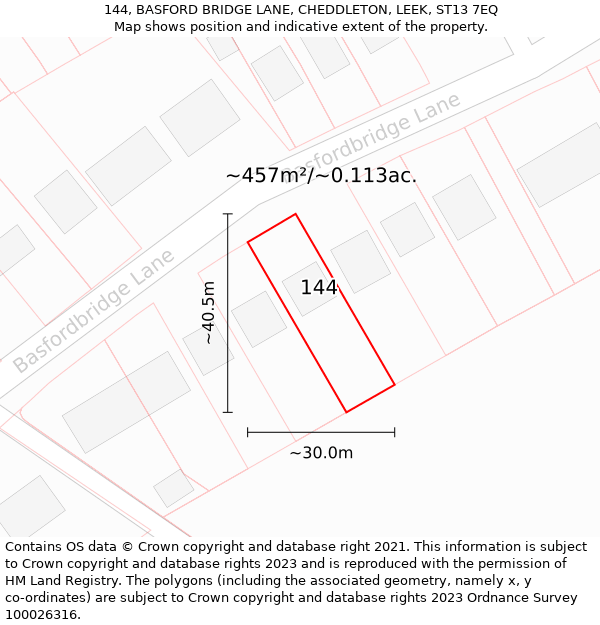 144, BASFORD BRIDGE LANE, CHEDDLETON, LEEK, ST13 7EQ: Plot and title map