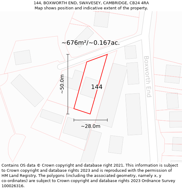 144, BOXWORTH END, SWAVESEY, CAMBRIDGE, CB24 4RA: Plot and title map