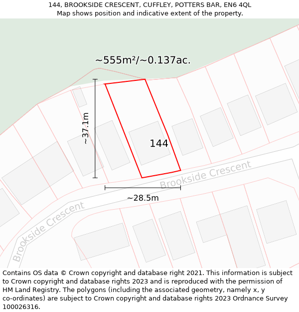 144, BROOKSIDE CRESCENT, CUFFLEY, POTTERS BAR, EN6 4QL: Plot and title map