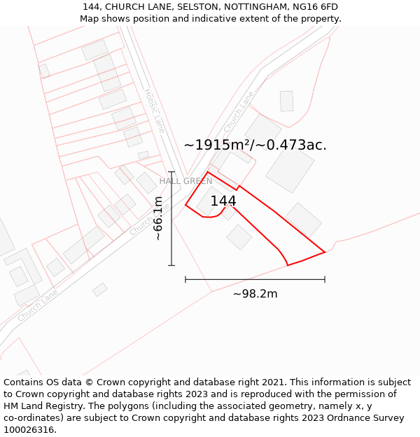 144, CHURCH LANE, SELSTON, NOTTINGHAM, NG16 6FD: Plot and title map