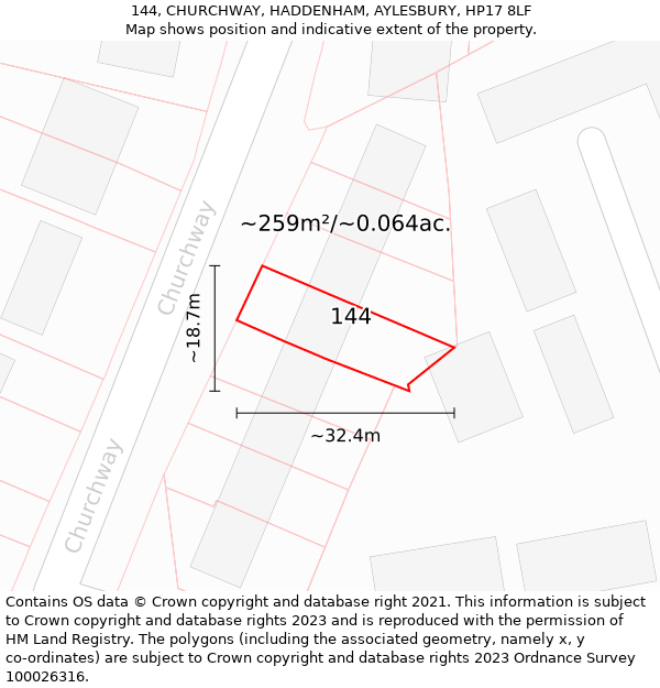 144, CHURCHWAY, HADDENHAM, AYLESBURY, HP17 8LF: Plot and title map