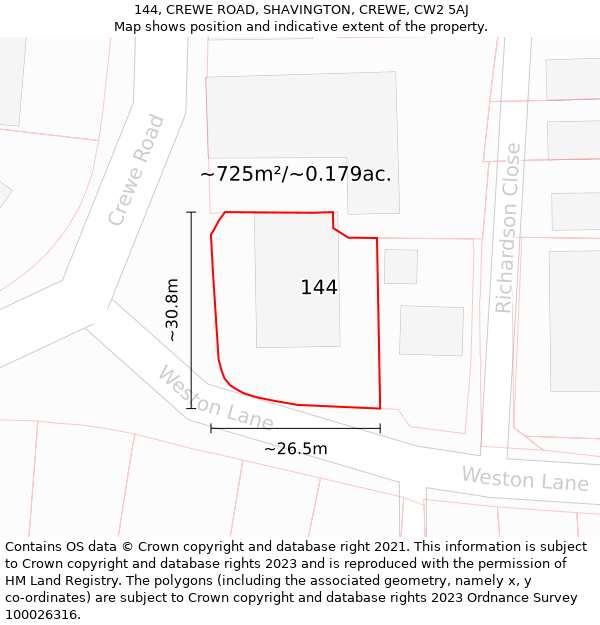 144, CREWE ROAD, SHAVINGTON, CREWE, CW2 5AJ: Plot and title map