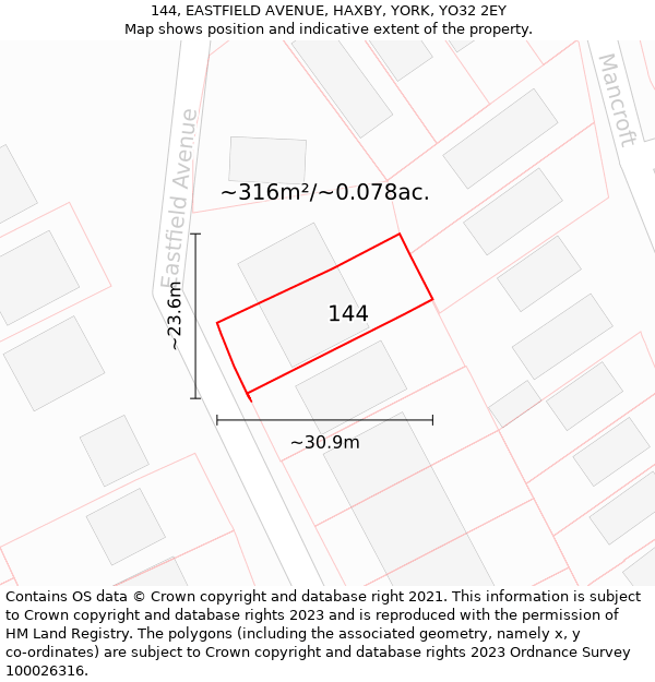 144, EASTFIELD AVENUE, HAXBY, YORK, YO32 2EY: Plot and title map