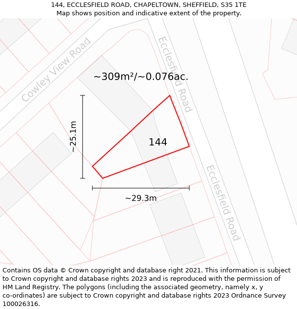 144, ECCLESFIELD ROAD, CHAPELTOWN, SHEFFIELD, S35 1TE: Plot and title map
