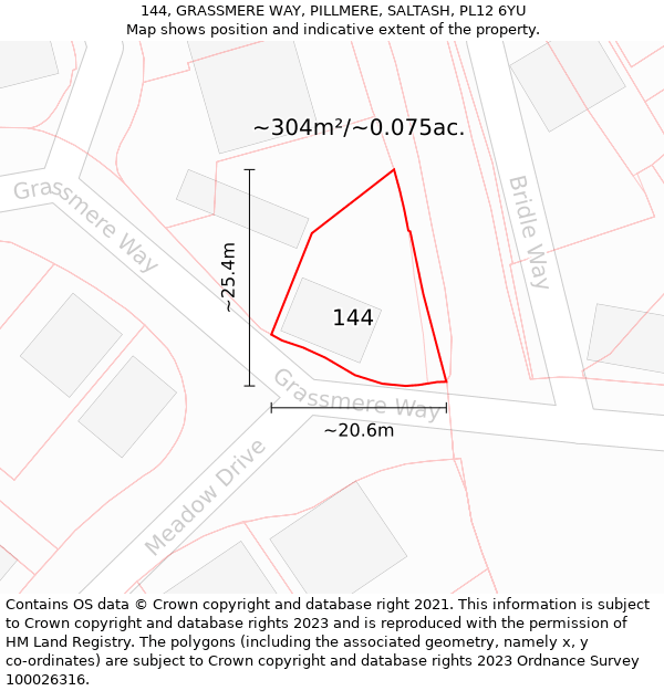 144, GRASSMERE WAY, PILLMERE, SALTASH, PL12 6YU: Plot and title map