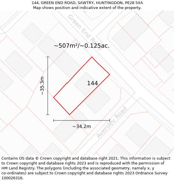 144, GREEN END ROAD, SAWTRY, HUNTINGDON, PE28 5XA: Plot and title map