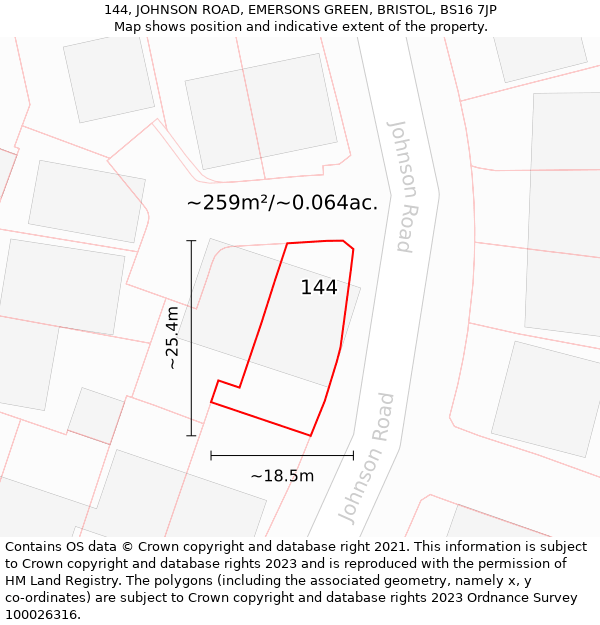 144, JOHNSON ROAD, EMERSONS GREEN, BRISTOL, BS16 7JP: Plot and title map