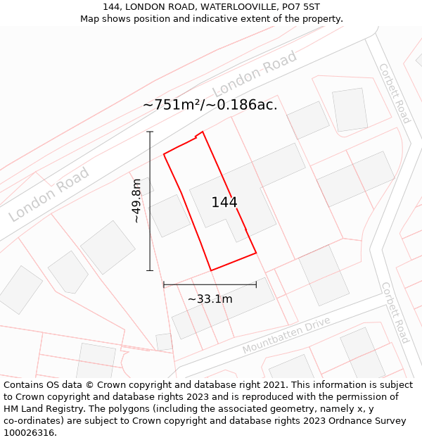 144, LONDON ROAD, WATERLOOVILLE, PO7 5ST: Plot and title map