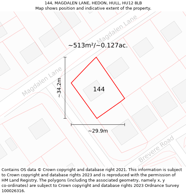 144, MAGDALEN LANE, HEDON, HULL, HU12 8LB: Plot and title map