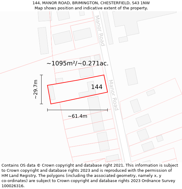 144, MANOR ROAD, BRIMINGTON, CHESTERFIELD, S43 1NW: Plot and title map