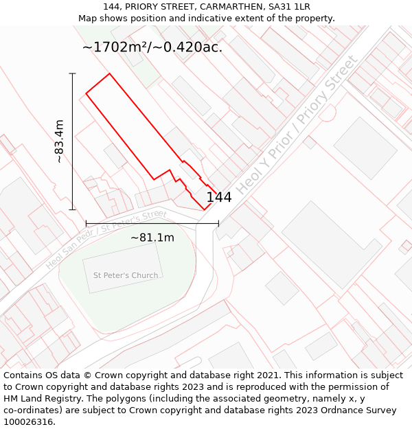 144, PRIORY STREET, CARMARTHEN, SA31 1LR: Plot and title map