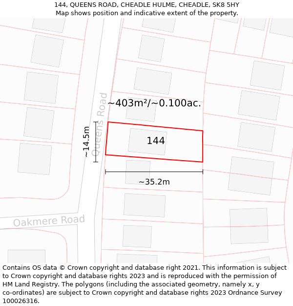 144, QUEENS ROAD, CHEADLE HULME, CHEADLE, SK8 5HY: Plot and title map