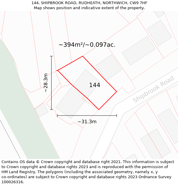 144, SHIPBROOK ROAD, RUDHEATH, NORTHWICH, CW9 7HF: Plot and title map