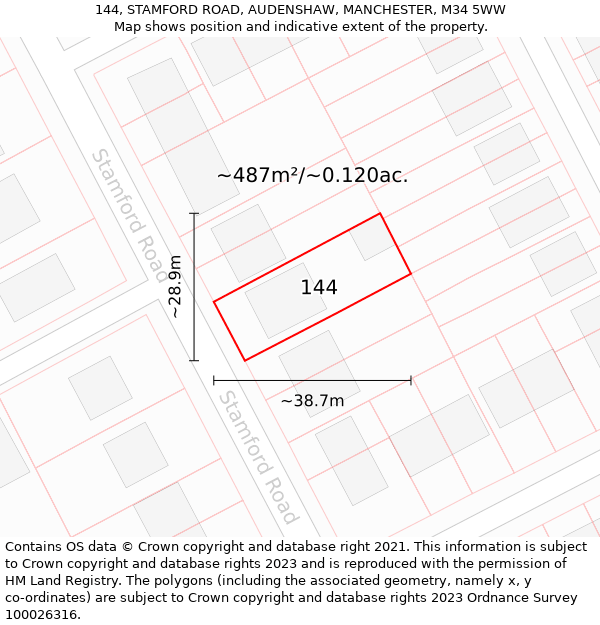 144, STAMFORD ROAD, AUDENSHAW, MANCHESTER, M34 5WW: Plot and title map