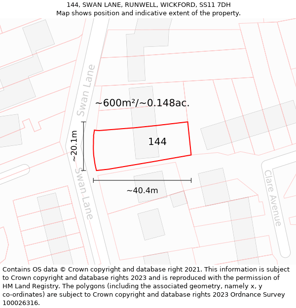 144, SWAN LANE, RUNWELL, WICKFORD, SS11 7DH: Plot and title map