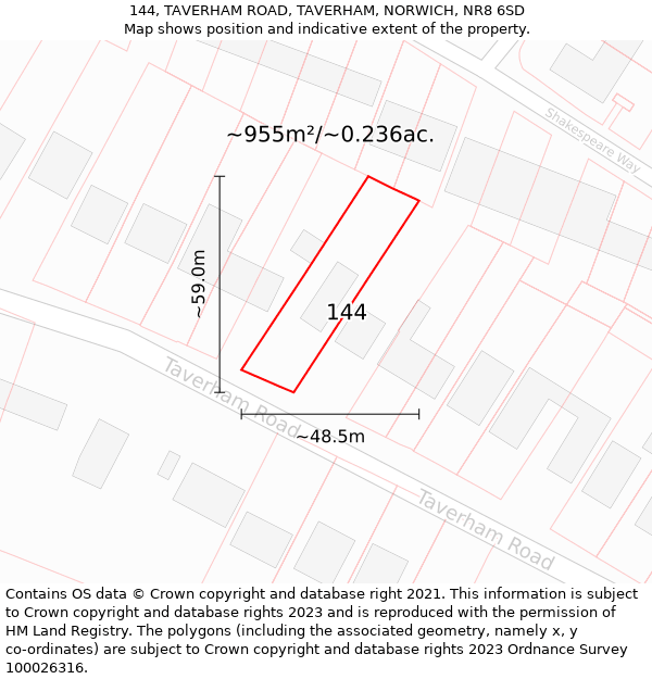 144, TAVERHAM ROAD, TAVERHAM, NORWICH, NR8 6SD: Plot and title map