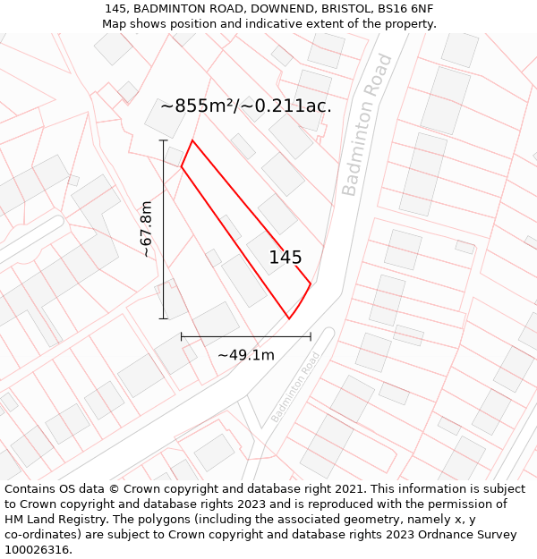 145, BADMINTON ROAD, DOWNEND, BRISTOL, BS16 6NF: Plot and title map