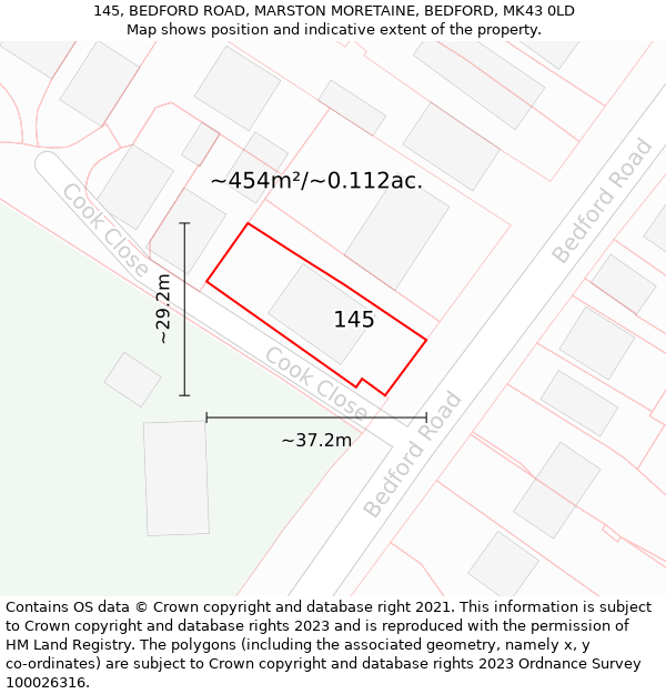 145, BEDFORD ROAD, MARSTON MORETAINE, BEDFORD, MK43 0LD: Plot and title map