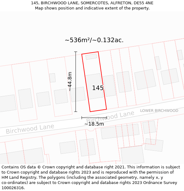 145, BIRCHWOOD LANE, SOMERCOTES, ALFRETON, DE55 4NE: Plot and title map