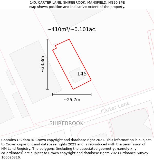 145, CARTER LANE, SHIREBROOK, MANSFIELD, NG20 8PE: Plot and title map