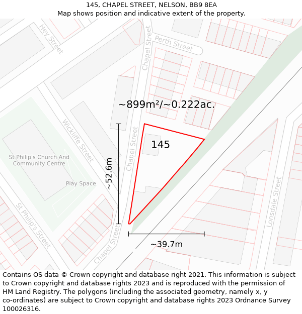 145, CHAPEL STREET, NELSON, BB9 8EA: Plot and title map