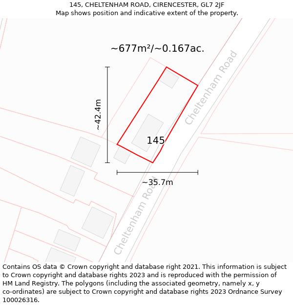 145, CHELTENHAM ROAD, CIRENCESTER, GL7 2JF: Plot and title map