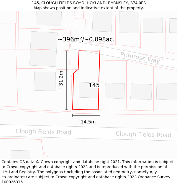 145, CLOUGH FIELDS ROAD, HOYLAND, BARNSLEY, S74 0ES: Plot and title map