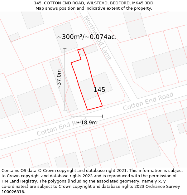 145, COTTON END ROAD, WILSTEAD, BEDFORD, MK45 3DD: Plot and title map